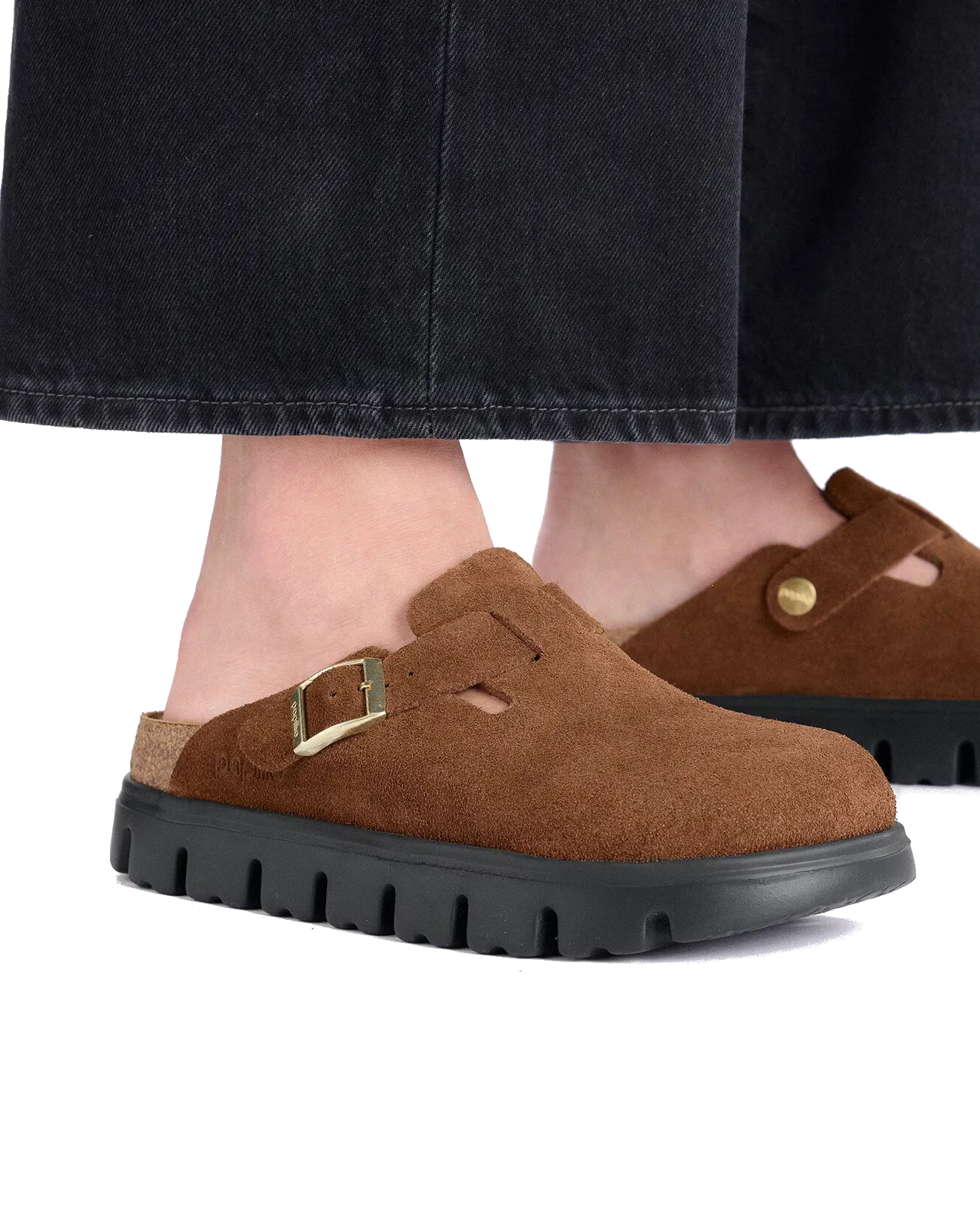Sandales Papillio Boston en daim épais et cuir, couleur thé foncé et noir