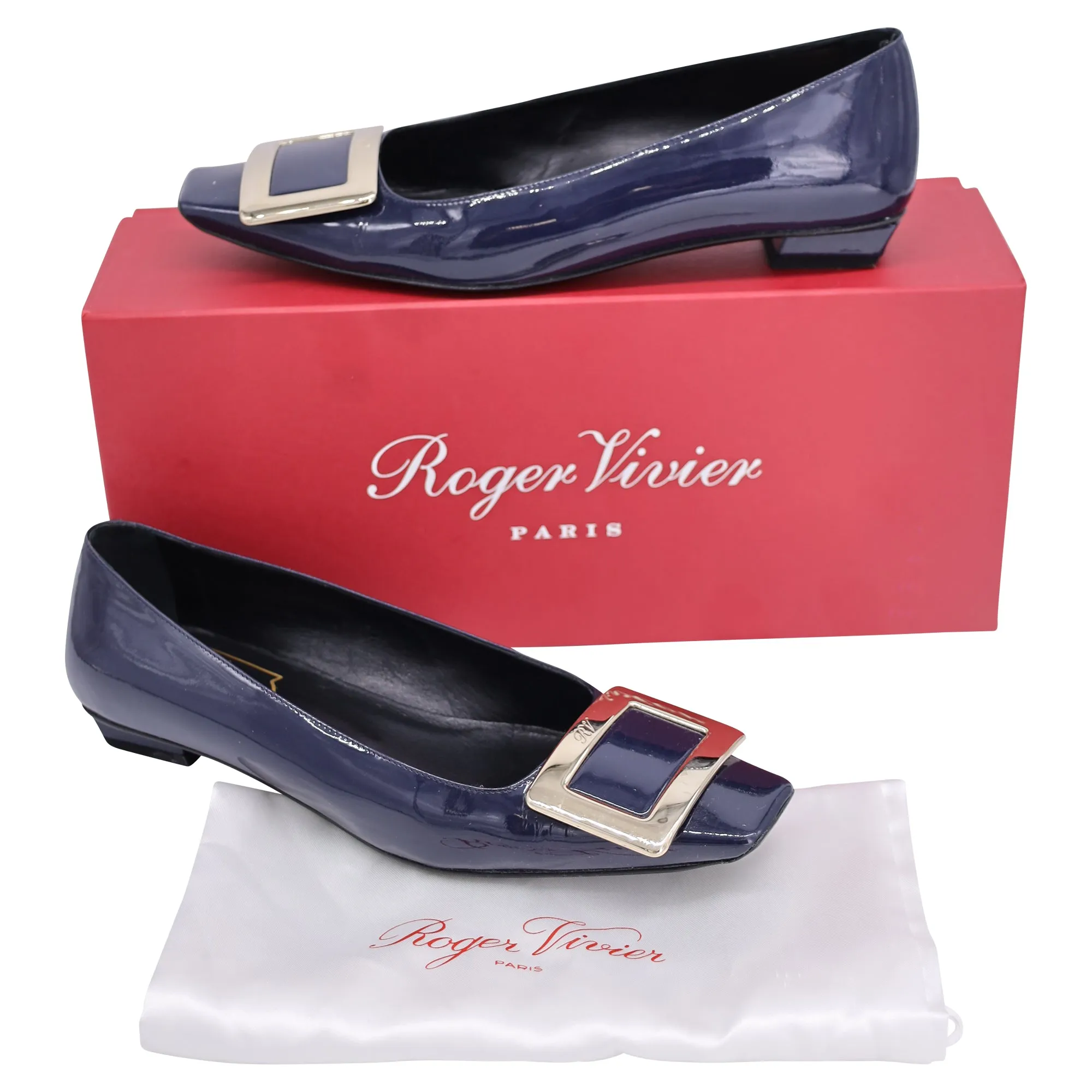 Roger Vivier Ballerines Belle Vivier à Boucle Métallique en Cuir Verni Bleu Marine_Roger-Vivier