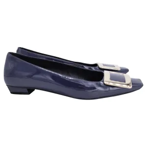 Roger Vivier Belle Vivier Metal Buckle Ballerinas in Navy Blue Patent Leather Shoes_Roger-Vivier
