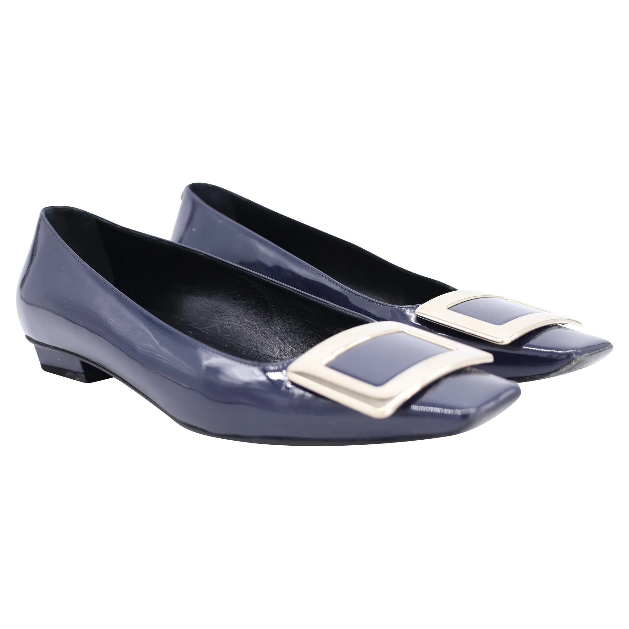 Roger Vivier Ballerines Belle Vivier à Boucle Métallique en Cuir Verni Bleu Marine_Roger-Vivier