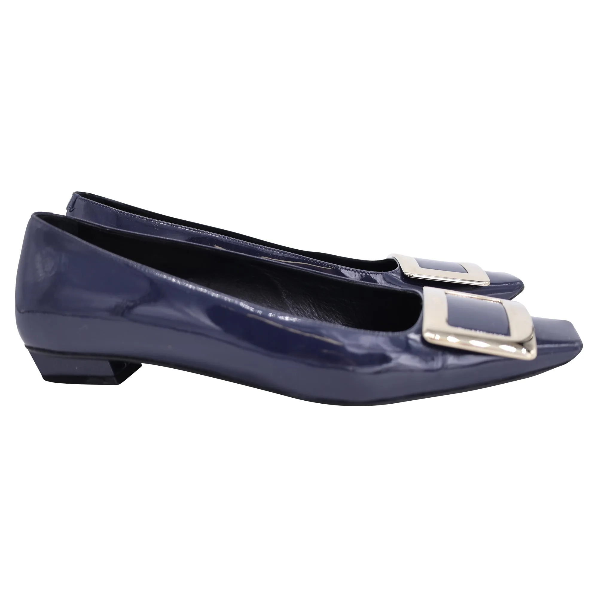 Roger Vivier Ballerines Belle Vivier à Boucle Métallique en Cuir Verni Bleu Marine_Roger-Vivier