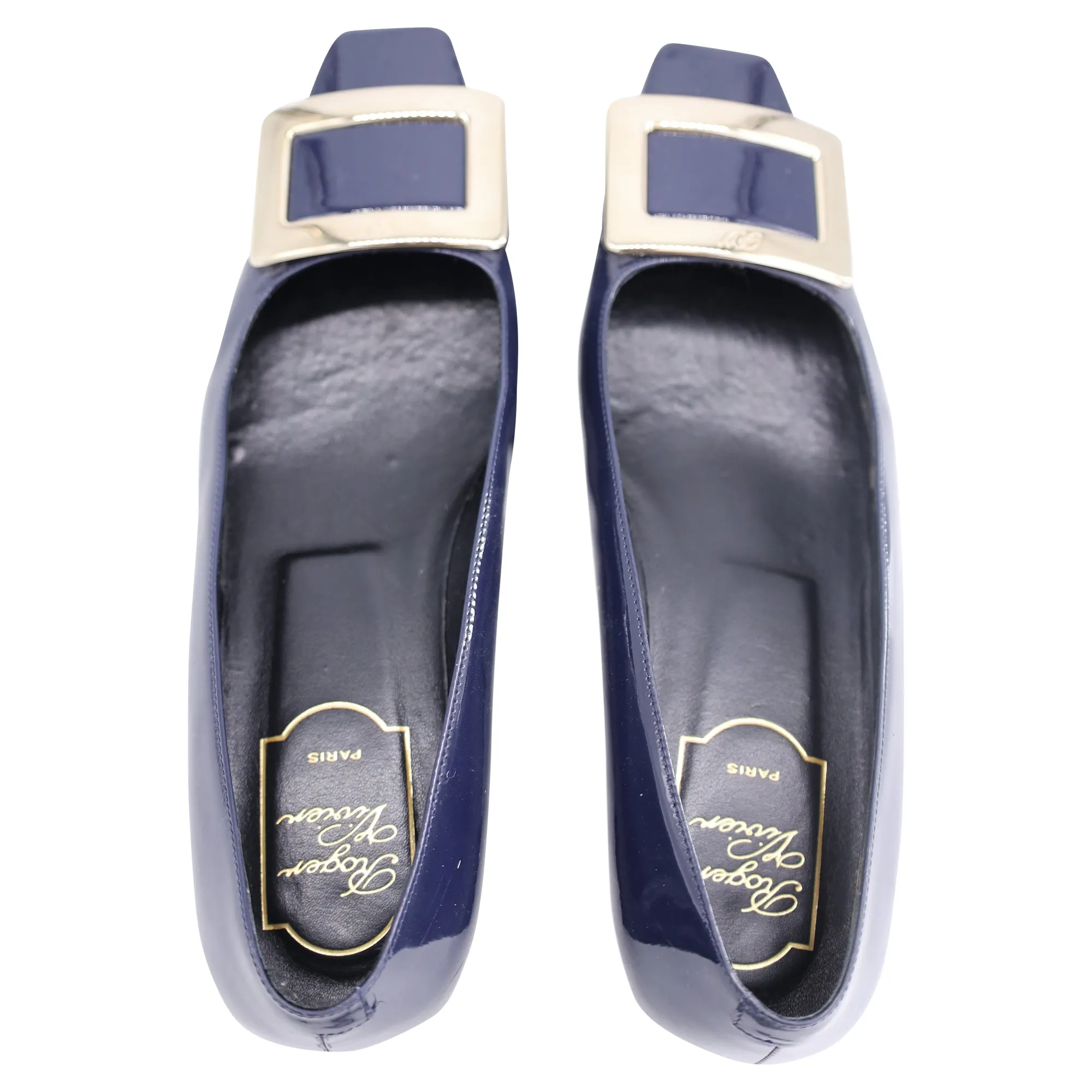Roger Vivier Ballerines Belle Vivier à Boucle Métallique en Cuir Verni Bleu Marine_Roger-Vivier