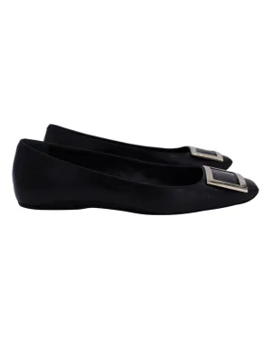 Roger Vivier Trompette Metal Buckle Ballerinas in Black Leather Shoes_Roger-Vivier