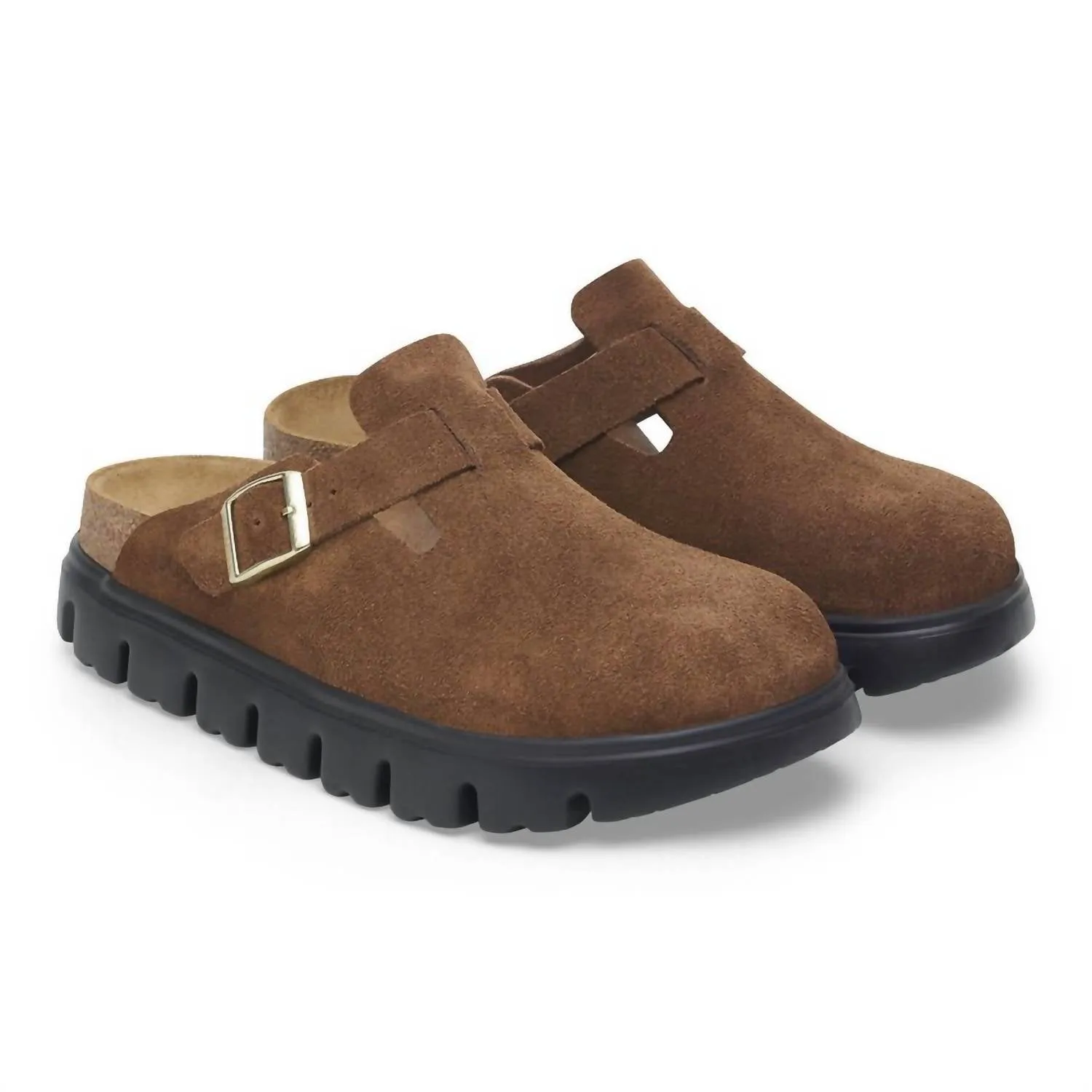 Boston Clogs Épaisses pour Femmes - Modèle Étroit en Suédine Thé Foncé